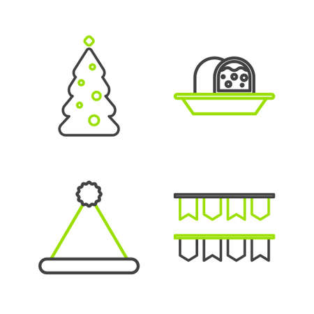 Set line Carnival garland with flags, Christmas Santa Claus hat, Marzipan sponge cake and tree decorations icon. Vectorのイラスト素材