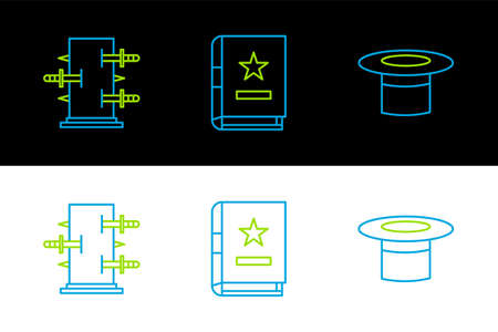 Set line Magician hat, Trunk for magic tricks and Ancient book icon. Vectorのイラスト素材