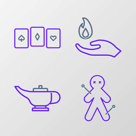 Set line Voodoo doll, Magic lamp or Aladdin, Hand holding fire and Playing cards icon. Vectorのイラスト素材