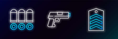 Set line Chevron, Bullet and Pistol or gun icon. Glowing neon. Vectorのイラスト素材