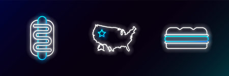 Set line Sandwich, Hotdog sandwich and USA map icon. Glowing neon. Vectorのイラスト素材