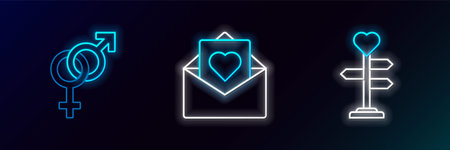 Set line Signpost with heart, Gender and Envelope Valentine icon. Glowing neon. Vector