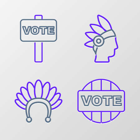 Set line Vote, Indian headdress with feathers, Native American and icon. Vectorのイラスト素材