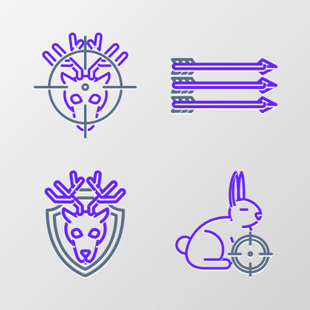 Set line Hunt on rabbit with crosshairs, Deer head antlers shield, Hipster arrows and deer icon. Vectorのイラスト素材