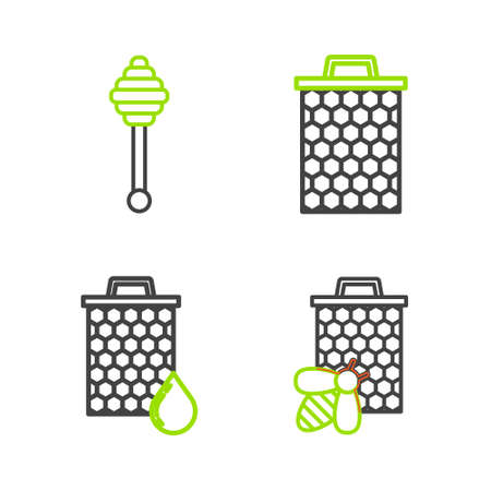 Set line Bee and honeycomb, Honeycomb, and dipper stick icon. Vectorのイラスト素材