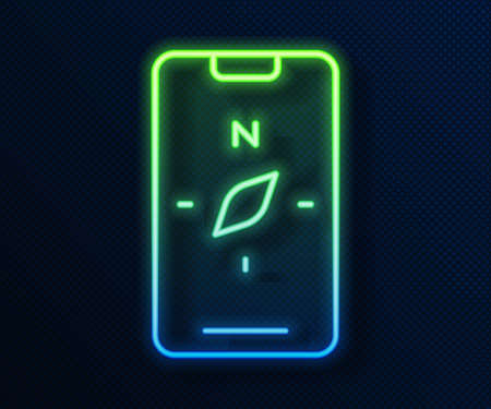 Glowing neon line Compass screen apps on smartphone for navigation icon isolated on blue background. Application compass for navigation, app map. Vectorのイラスト素材