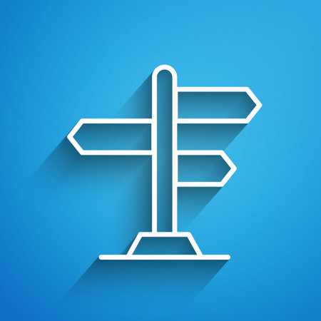 White line Road traffic sign. Signpost icon isolated on blue background. Pointer symbol. Street information sign. Direction sign. Long shadow. Vectorのイラスト素材