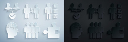 Set Users group, of man in business suit, Human head puzzles strategy, Piece, Project team base and...