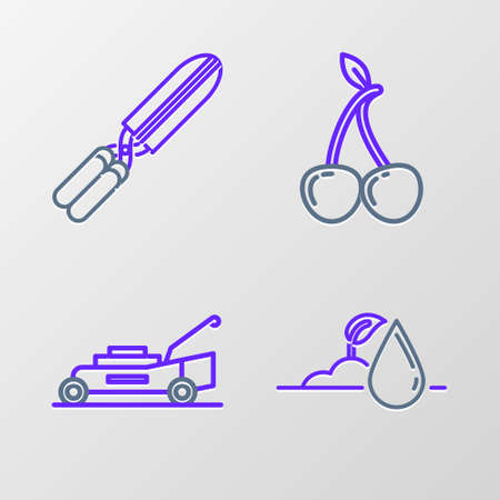 Set line Watering sprout, Lawn mower, Cherry and Gardening handmade scissors for trimming icon. Vectorのイラスト素材