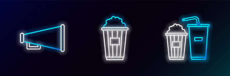 Set line Popcorn and soda drink glass, Megaphone and cardboard box icon. Glowing neon. Vectorのイラスト素材