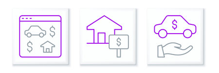 Set line Car rental, Online real estate and House with dollar icon. Vector