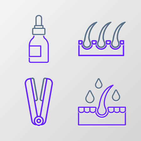Set line Oil for hair care treatment, Curling iron, Human follicle and bottle icon. Vectorのイラスト素材