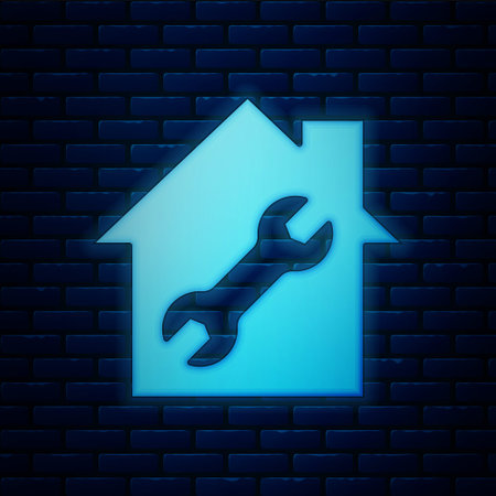 Glowing neon House or home with wrench icon isolated on brick wall background. Adjusting, service, setting, maintenance, repair, fixing. Vectorのイラスト素材