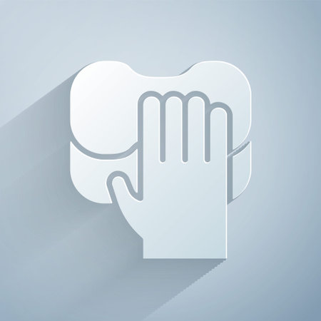 Paper cut Cleaning service icon isolated on grey background. Latex hand protection sign. Housework cleaning equipment symbol. Paper art style. Vectorのイラスト素材