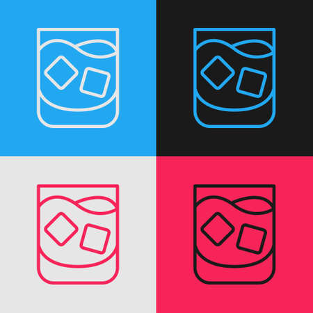 Pop art line Glass of whiskey and ice cubes icon isolated on color background. Vectorのイラスト素材