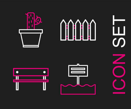 Set line Blank wooden sign board, Bench, Garden fence and Cactus and succulent in pot icon. Vectorのイラスト素材