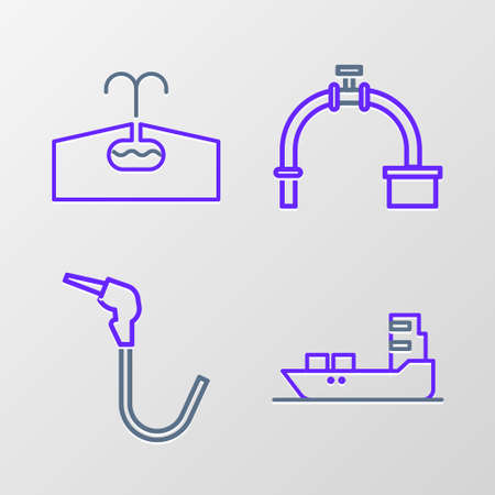 Set line Oil tanker ship, Gasoline pump nozzle, Industry pipe and valve and Oilfield icon. Vectorのイラスト素材