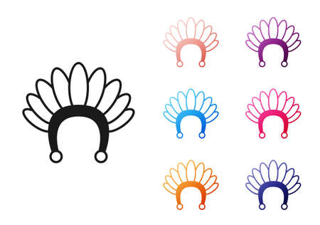 Black Indian headdress with feathers icon isolated on white background. Native american traditional headdress. Set icons colorful. Vectorのイラスト素材