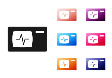 Black Computer monitor with cardiogram icon isolated on white background. Monitoring icon. ECG...
