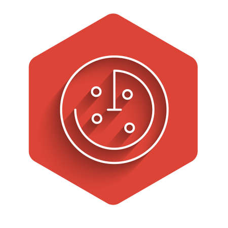 White line Radar with targets on monitor in searching icon isolated with long shadow background. Search system. Navy sonar. Red hexagon button. Vectorのイラスト素材