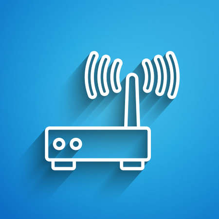 White line Router and wifi signal icon isolated on blue background. Wireless  modem router. Computer technology internet. Long shadow. Vectorのイラスト素材