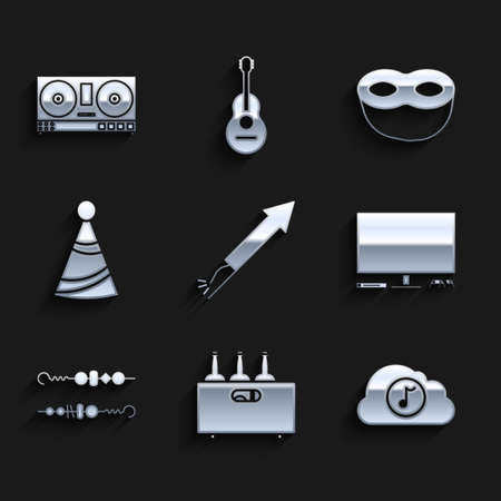 Set Firework rocket, Bottles of wine in a wooden box, Music streaming service, Video game console, Grilled shish kebab, Party hat, Festive mask and DJ remote for playing and mixing music icon. Vectorのイラスト素材