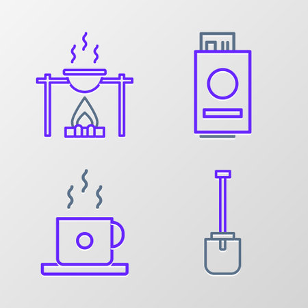 Set line Shovel, Coffee cup, Passport with ticket and Campfire and pot icon. Vectorのイラスト素材
