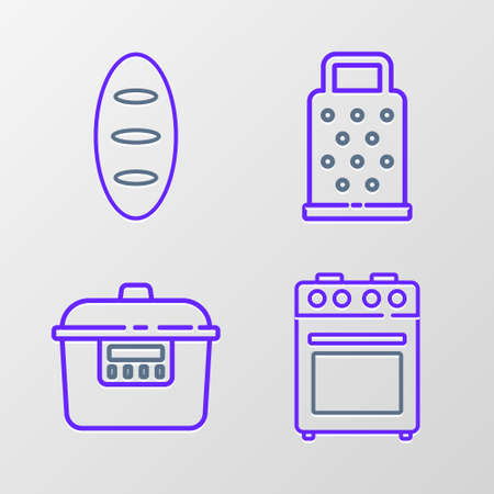 Set line Oven, Slow cooker, Grater and Bread loaf icon. Vectorのイラスト素材