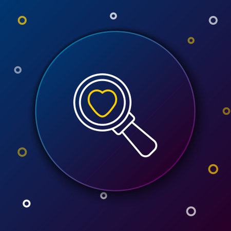 Line Search heart and love icon isolated on blue background. Magnifying glass with heart inside. Colorful outline concept. Vectorのイラスト素材