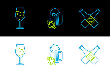 Set line Crossed beer bottle, Glass of and and hop icon. Vectorのイラスト素材