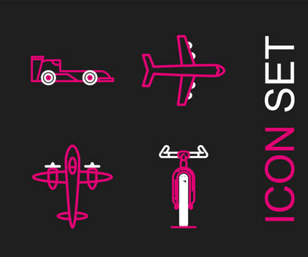 Set line Bicycle, Old retro vintage plane, Plane and Formula race car icon. Vectorのイラスト素材