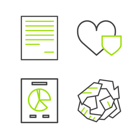 Set line Crumpled paper ball, Document with graph chart, Heart shield and icon. Vectorのイラスト素材