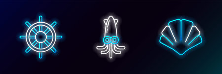 Set line Scallop sea shell, Ship steering wheel and Octopus icon. Glowing neon. Vectorのイラスト素材