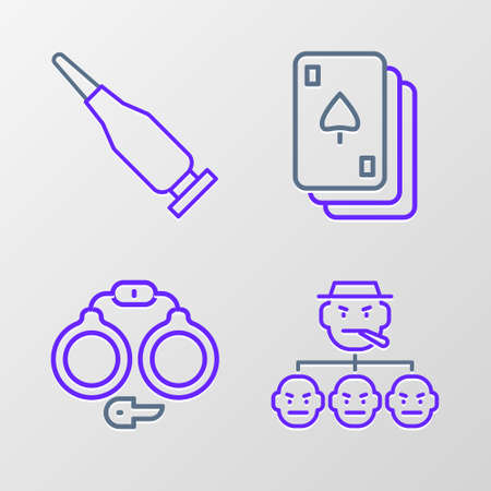 Set line Mafia, Handcuffs, Playing cards and Bullet icon. Vectorのイラスト素材