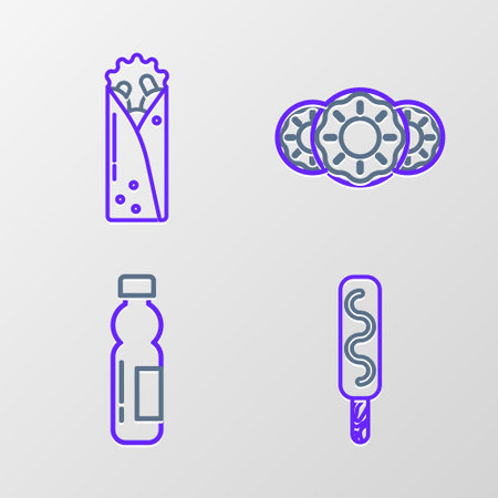 Set line Ice cream, Bottle of water, Donut with sweet glaze and Doner kebab icon. Vectorのイラスト素材