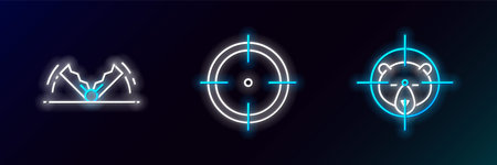 Set line Hunt on bear with crosshairs, Trap hunting and Target sport for shooting competition icon. Glowing neon. Vectorのイラスト素材