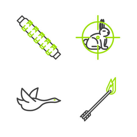 Set line Flame arrow, Flying duck, Hunt on rabbit with crosshairs and Hunting cartridge belt cartridges icon. Vectorのイラスト素材