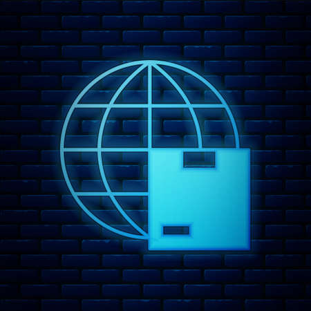 Glowing neon Worldwide shipping and cardboard box icon isolated on brick wall background. Vectorのイラスト素材