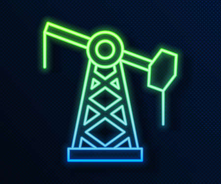 Glowing neon line Oil pump or pump jack icon isolated on blue background. Oil rig. Vectorのイラスト素材