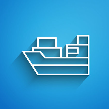 White line Cargo ship with boxes delivery service icon isolated on blue background. Delivery, transportation. Freighter with parcels, boxes, goods. Long shadow. Vectorのイラスト素材
