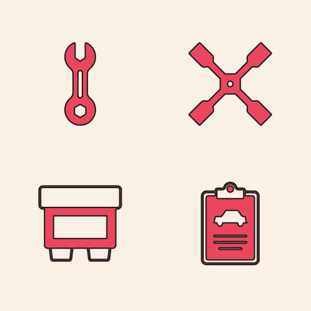 Set Car inspection, Wrench spanner, Wheel wrench and Fuse icon. Vectorのイラスト素材