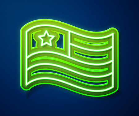 Glowing neon line American flag icon isolated on blue background. Flag of USA. United States of...
