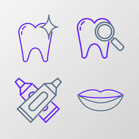 Set line Smiling lips, Crossed tube of toothpaste, Dental search and Tooth whitening concept icon. Vectorのイラスト素材