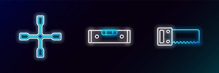 Set line Hand saw, Wheel wrench and Construction bubble level icon. Glowing neon. Vectorのイラスト素材