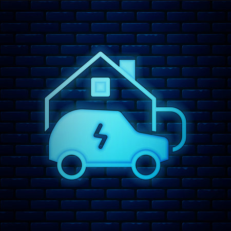 Glowing neon Electric car parking charging at home wall box charger station on house icon isolated...
