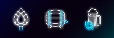 Set line Glass of beer and hop, Hop and Wooden barrel on rack with stopcock icon. Glowing neon. Vectorのイラスト素材