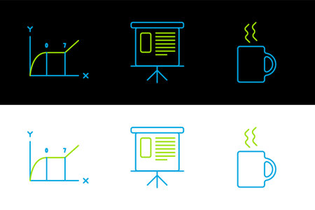 Set line Coffee cup, Pie chart infographic and Presentation financial board with graph, schedule, chart, diagram, infographic, pie icon. Vectorのイラスト素材