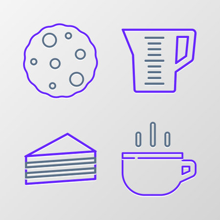 Set line Coffee cup, Cake, Measuring and Cookie or biscuit icon. Vectorのイラスト素材