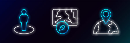 Set line Location on the globe, with person and City map navigation icon. Glowing neon. Vectorのイラスト素材