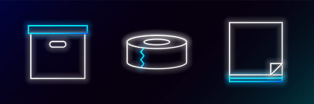 Set line File document, Carton cardboard box and Scotch icon. Glowing neon. Vectorのイラスト素材
